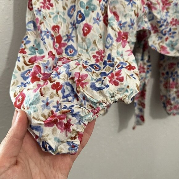 Zara Womens S White Linen Blend Floral Printed Blouse Top Puff Sleeve Tie Back - Picture 6 of 13